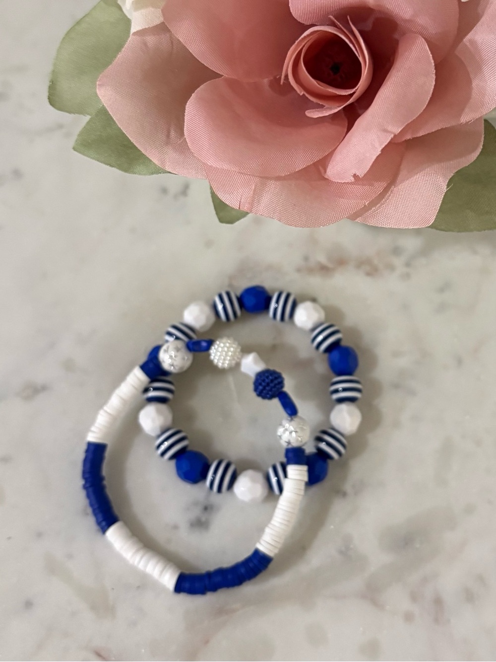 Blue & White Beaded Stretch Bracelet Set for Women